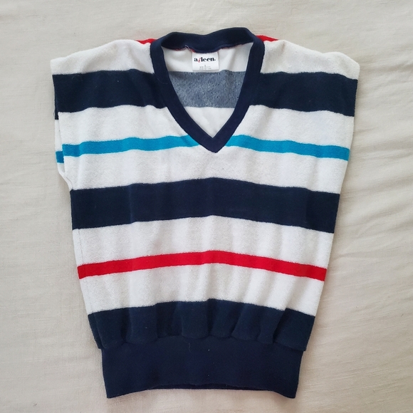 Vintage Terrycloth Striped V-Neck Sweater Shirt Womens Small - Picture 1 of 8